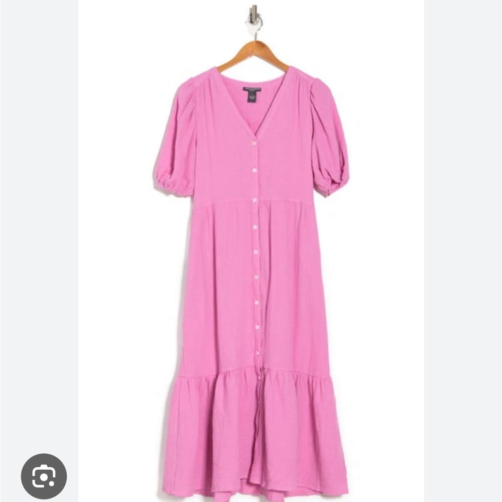 Chelsea and Theodore gauze, puff sleeve midi dress